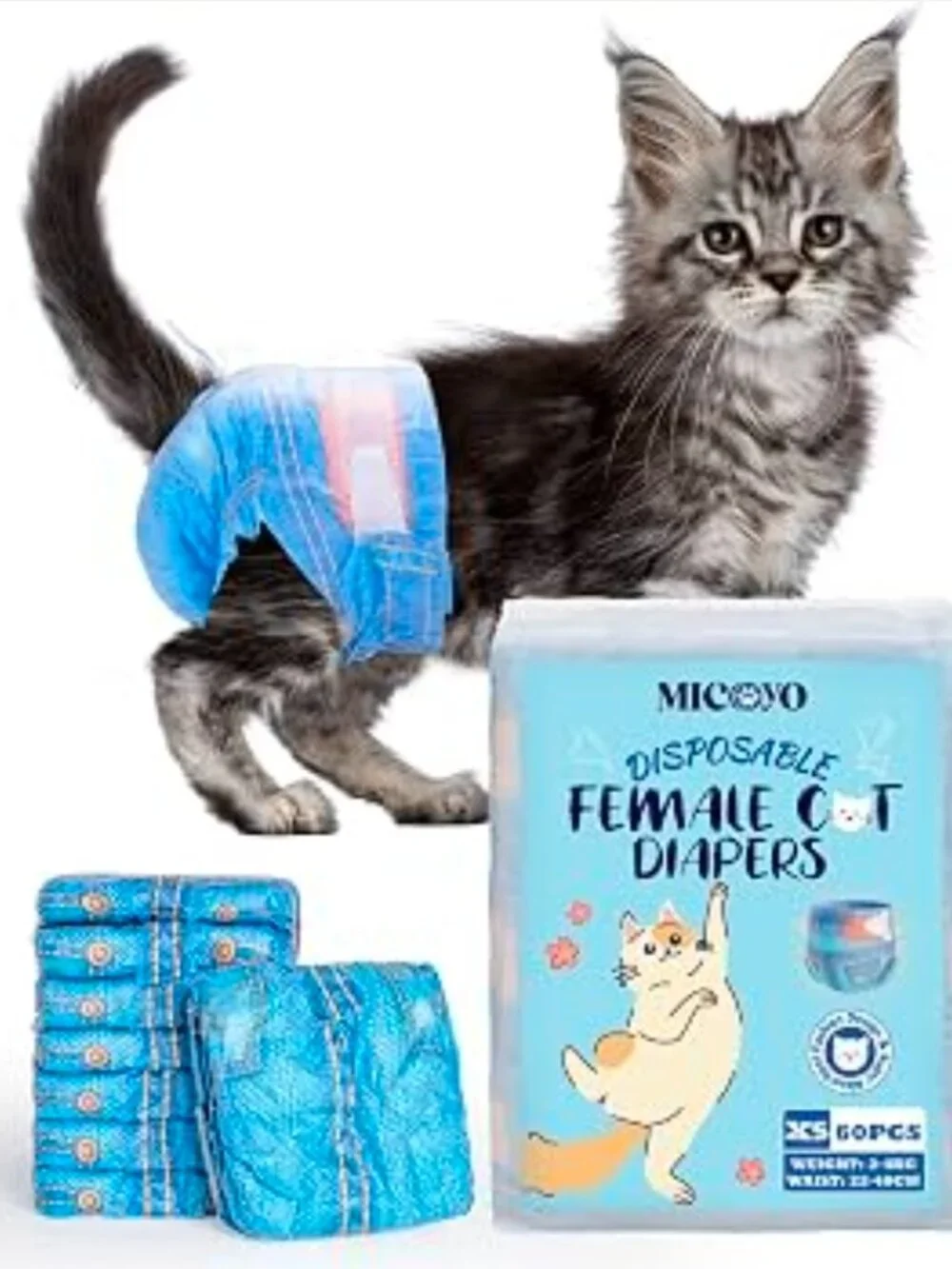 Disposable Cat Diapers XS 60 pcs, Cat Diapers for Female Cats with Ultra Stretch